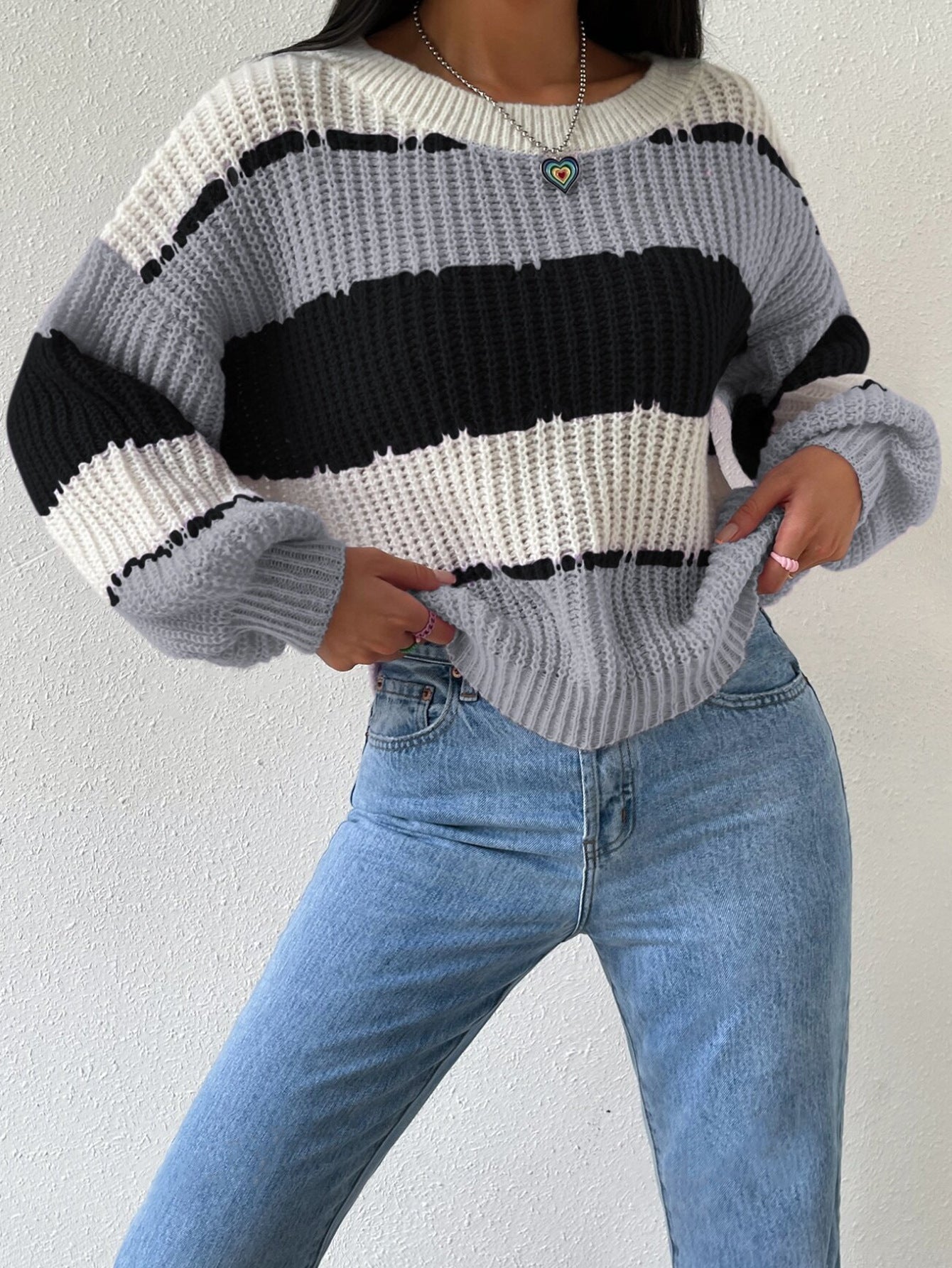 Alina | Damski Sweter w Paski z Grubej Przędzy