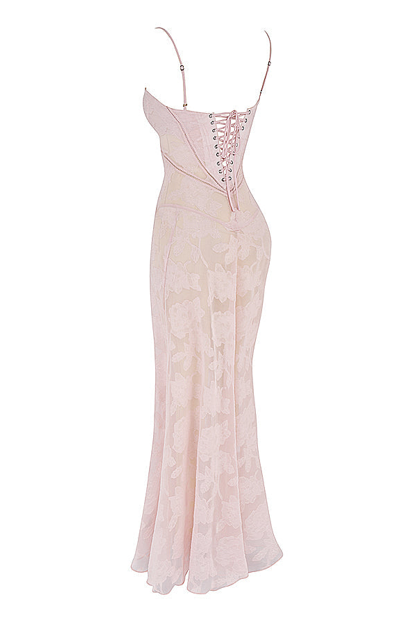 Bernadeta | Vintage Sukienka Maxi w Kremowym Odcieniu z Koronkowym Tyłem