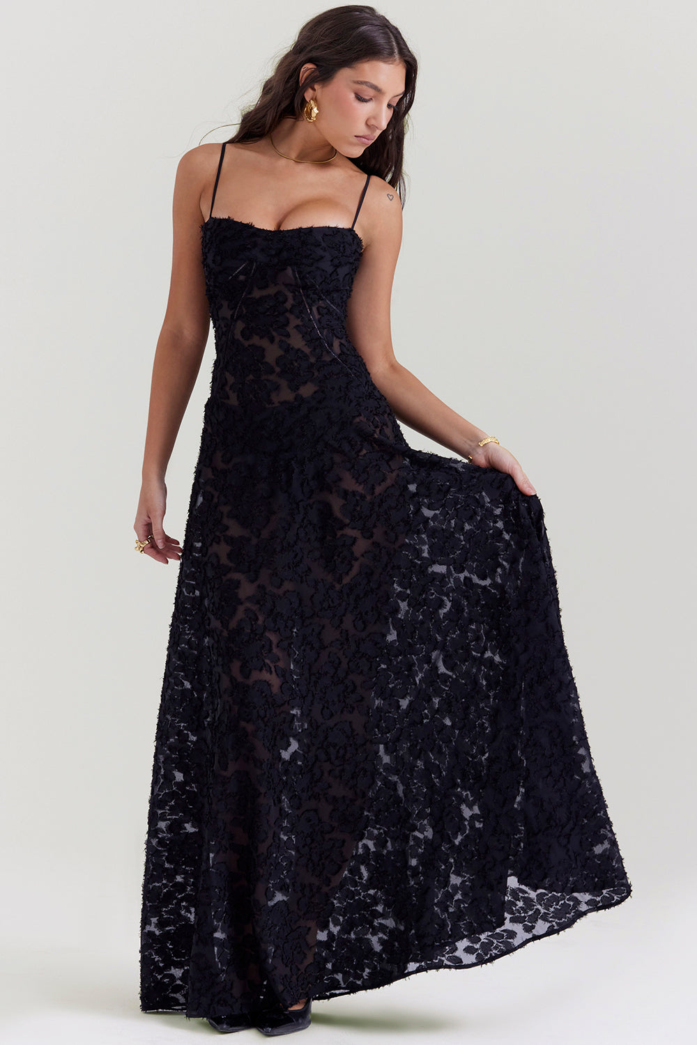 Bernadeta | Vintage Sukienka Maxi w Kremowym Odcieniu z Koronkowym Tyłem