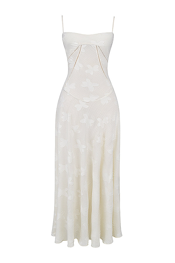 Bernadeta | Vintage Sukienka Maxi w Kremowym Odcieniu z Koronkowym Tyłem