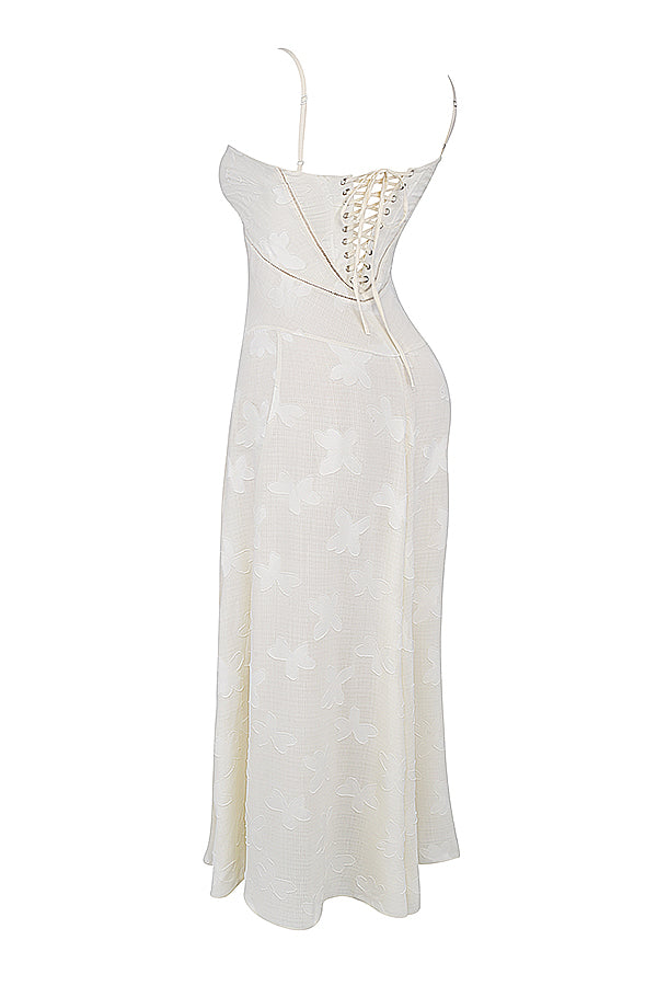 Bernadeta | Vintage Sukienka Maxi w Kremowym Odcieniu z Koronkowym Tyłem