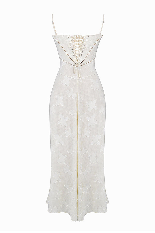 Bernadeta | Vintage Sukienka Maxi w Kremowym Odcieniu z Koronkowym Tyłem