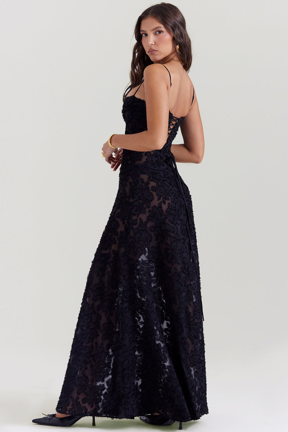 Bernadeta | Vintage Sukienka Maxi w Kremowym Odcieniu z Koronkowym Tyłem