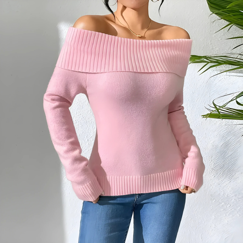Coralie | Damska Sweter Off-Shoulder – Sweter z Żebrowanym Złożonym Dekoltem