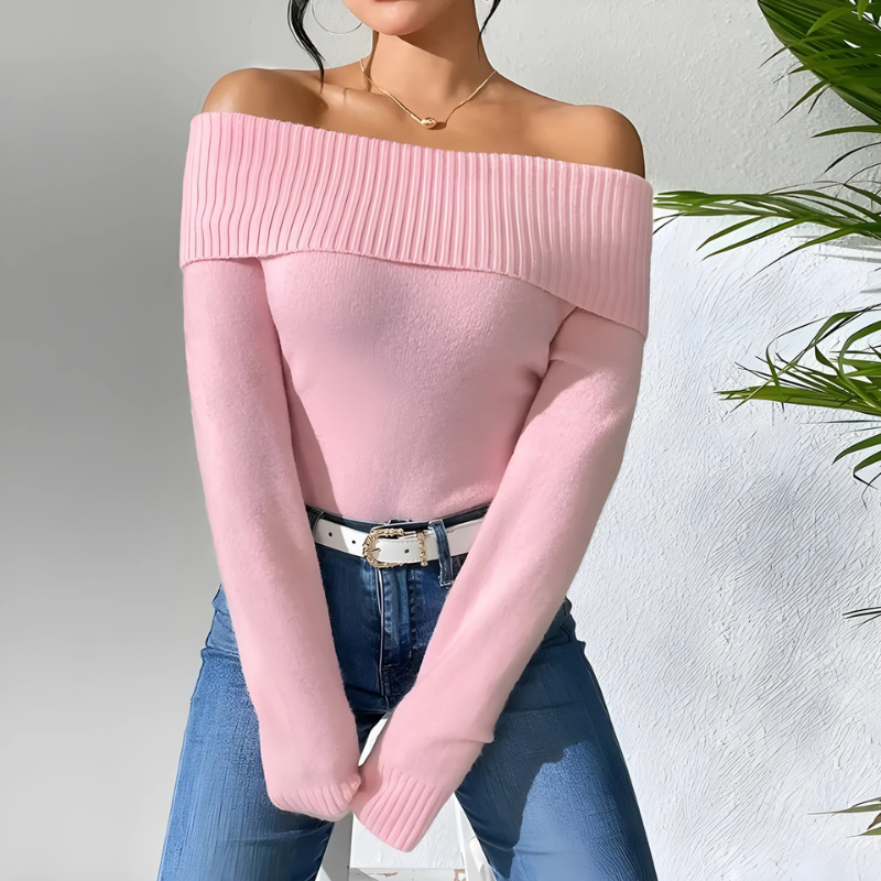 Coralie | Damska Sweter Off-Shoulder – Sweter z Żebrowanym Złożonym Dekoltem