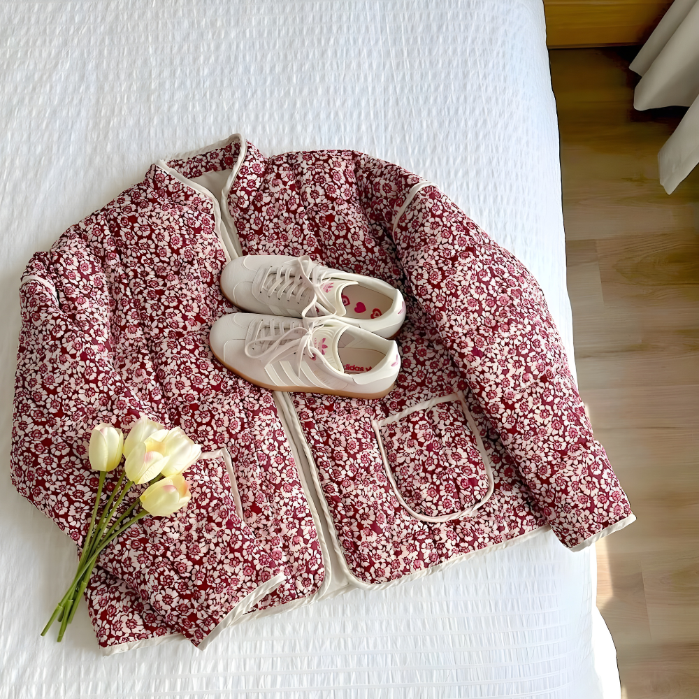 Damska Pikowana Parka Jasna – Wzór Kwiatowy