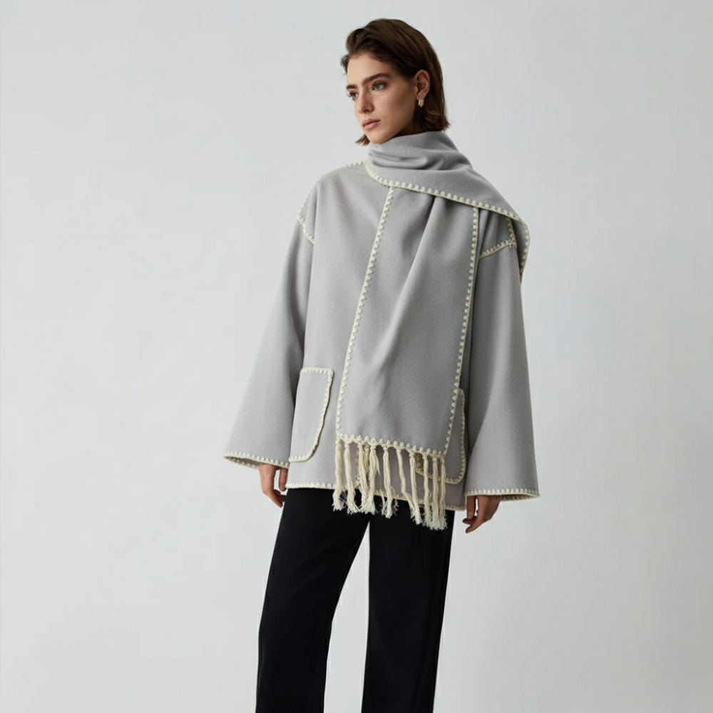 Damski Wełniany Płaszcz z Szalowym Kołnierzem