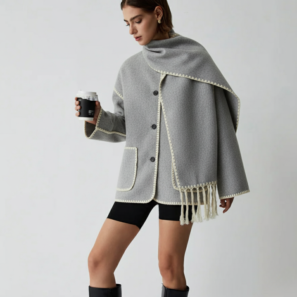 Damski Wełniany Płaszcz z Szalowym Kołnierzem