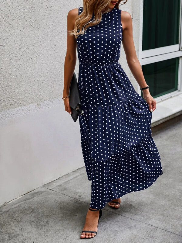 Danuta | Elegancka Granatowa Sukienka w Kropki na Co Dzień Chicveo