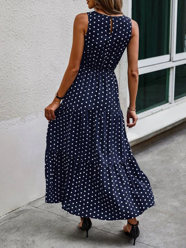 Danuta | Elegancka Granatowa Sukienka w Kropki na Co Dzień Chicveo