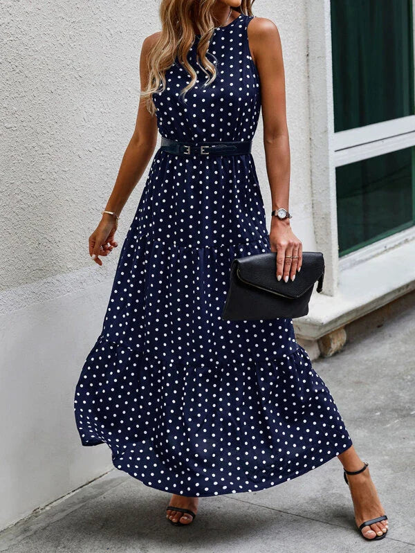 Danuta | Elegancka Granatowa Sukienka w Kropki na Co Dzień Chicveo