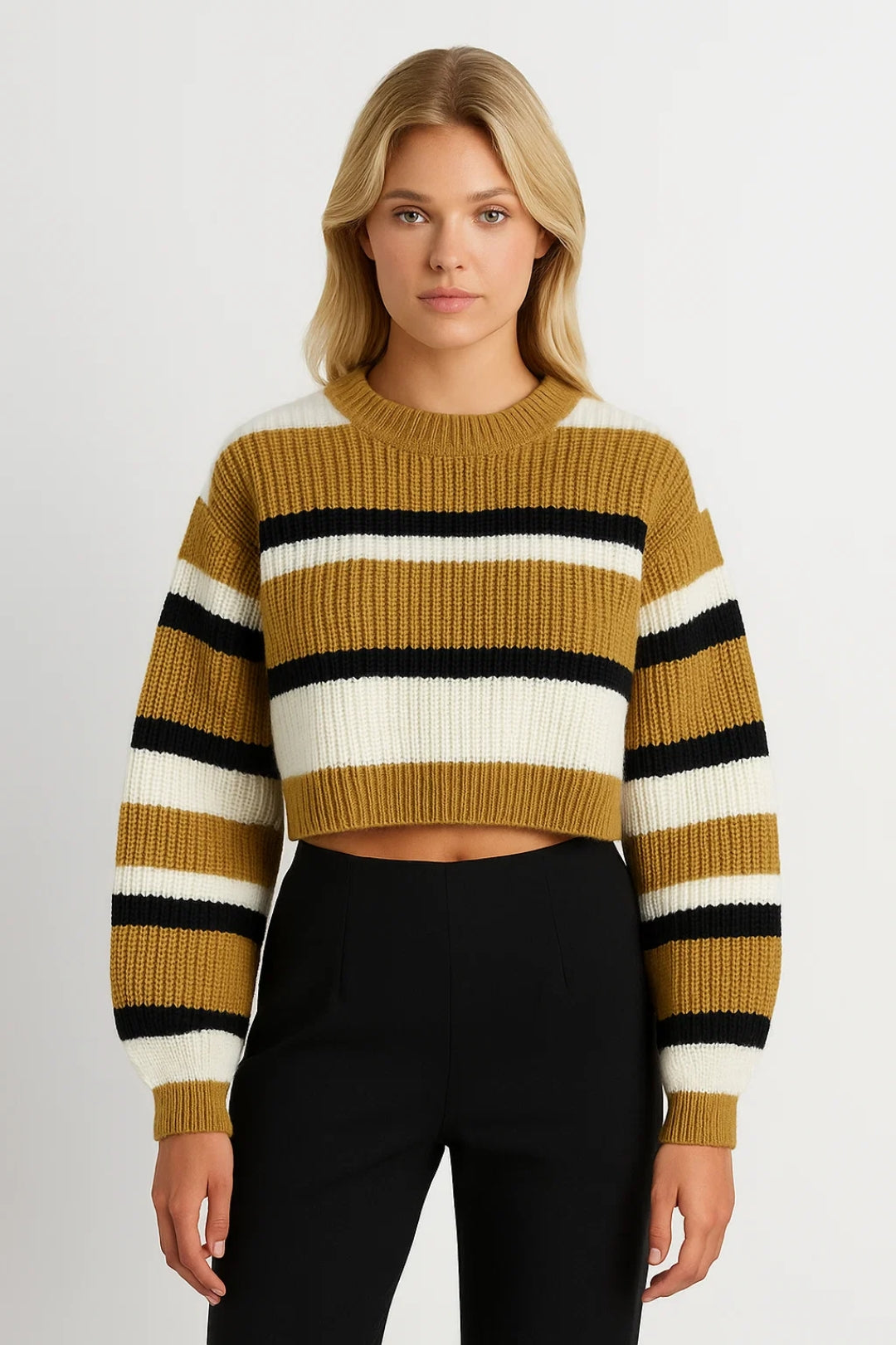 Elif | Sweter Cropped z Włóczki, Wzór w Paski z Okrągłym Dekoltem