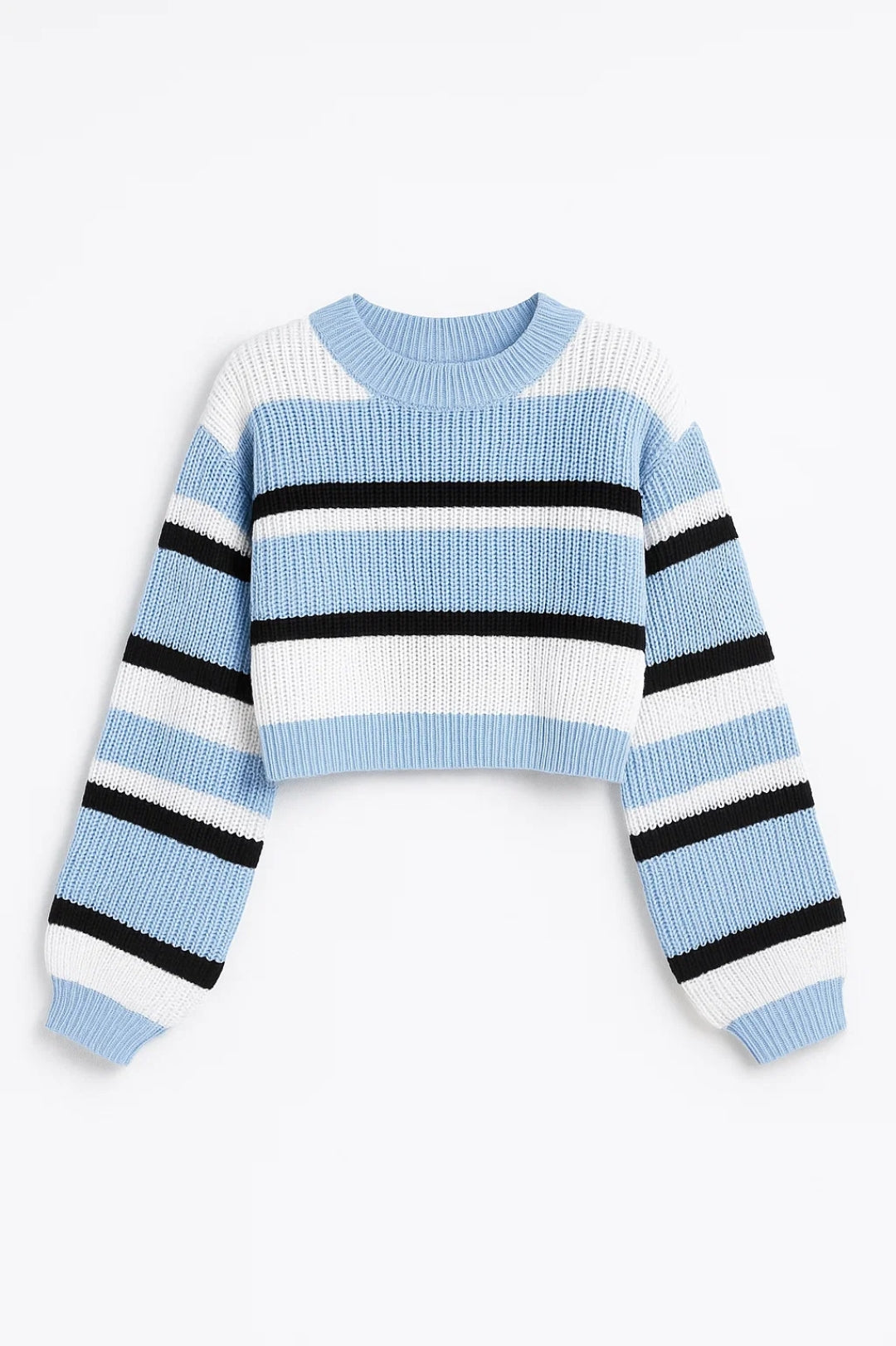 Elif | Sweter Cropped z Włóczki, Wzór w Paski z Okrągłym Dekoltem