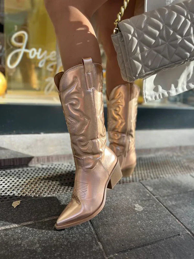 Fleur | Eleganckie kowbojki damskie metaliczne skórzane modne Chicveo