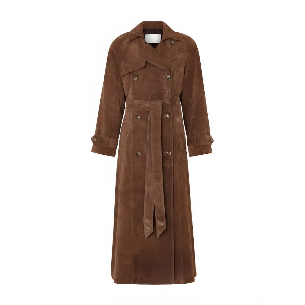 Freya | Luksusowy Skórzany Maxi Trencz z Podwójnym Zapięciem na Guziki