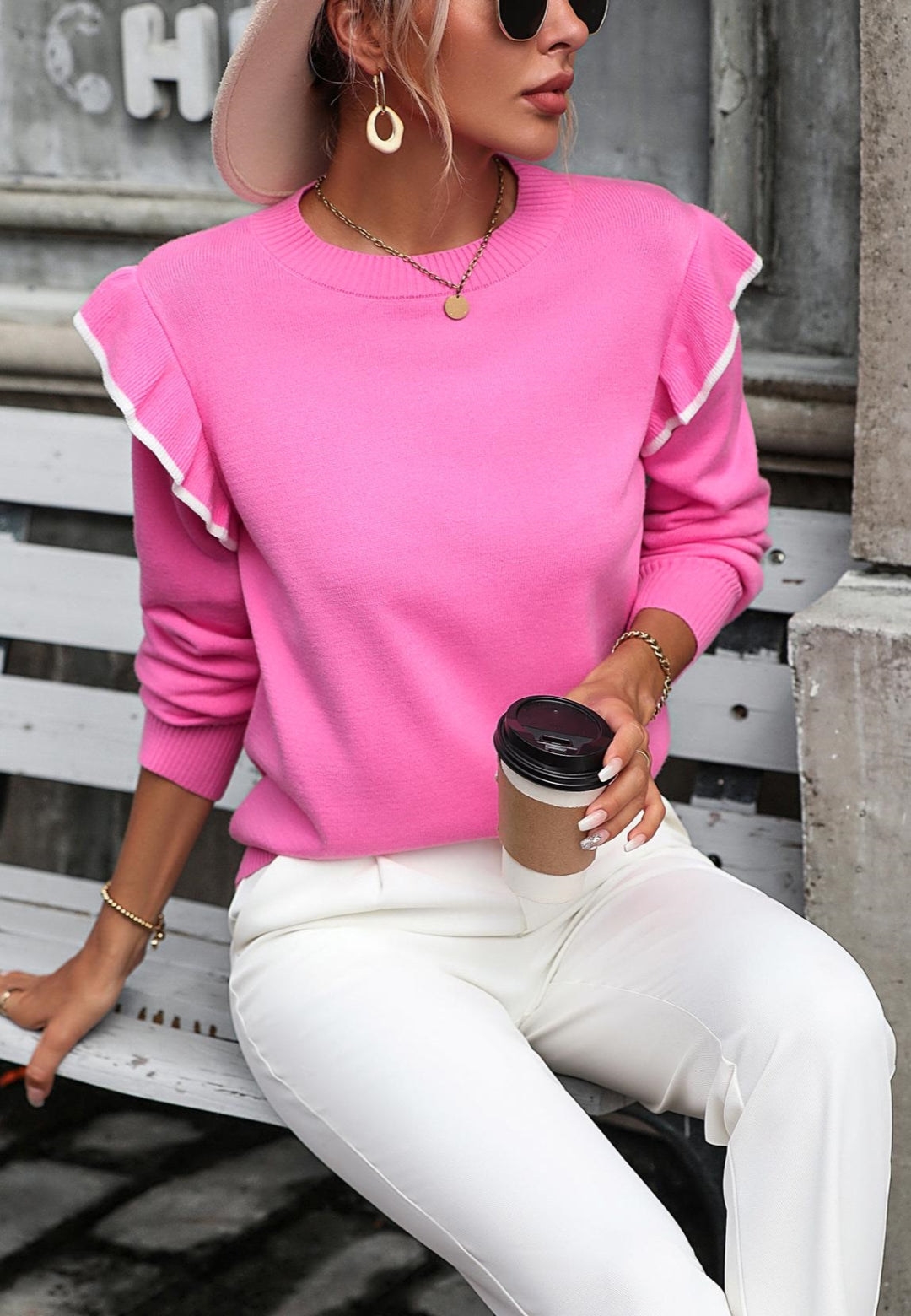 Iga | Sweter damski casualny z falbanami na ramionach Chicveo