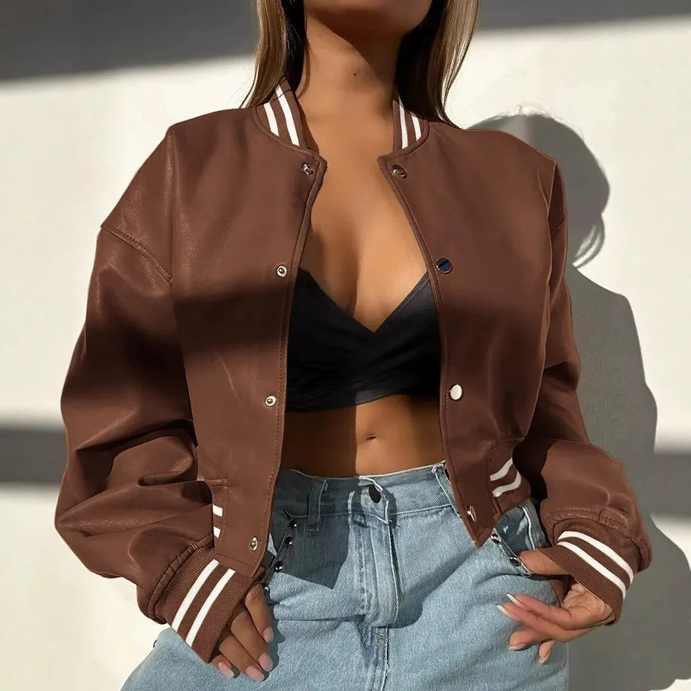 Jessalyn | damskie zimowe kurtki skórzane krótki strukturalny krój z zatrzaskiem Chicveo