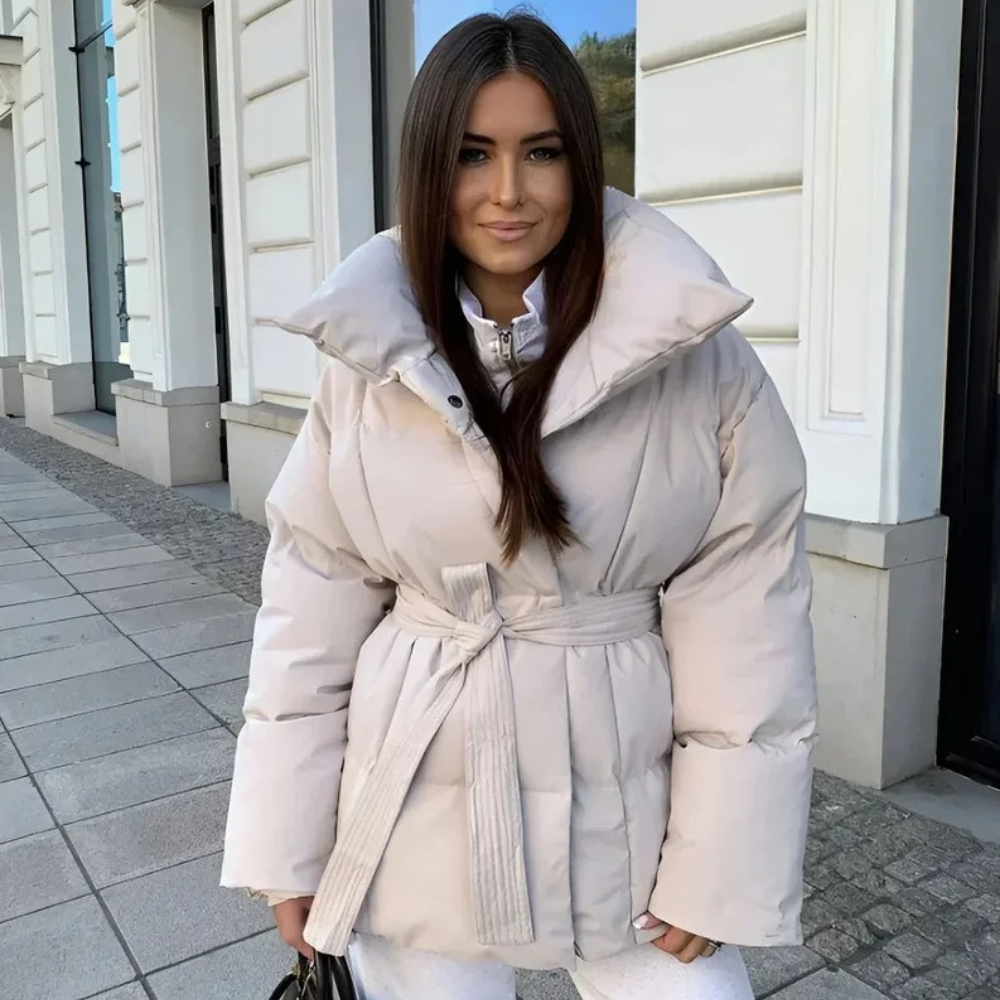 Kurtka puchowa z podniesionym kołnierzem i paskiem Zimowa kurtka