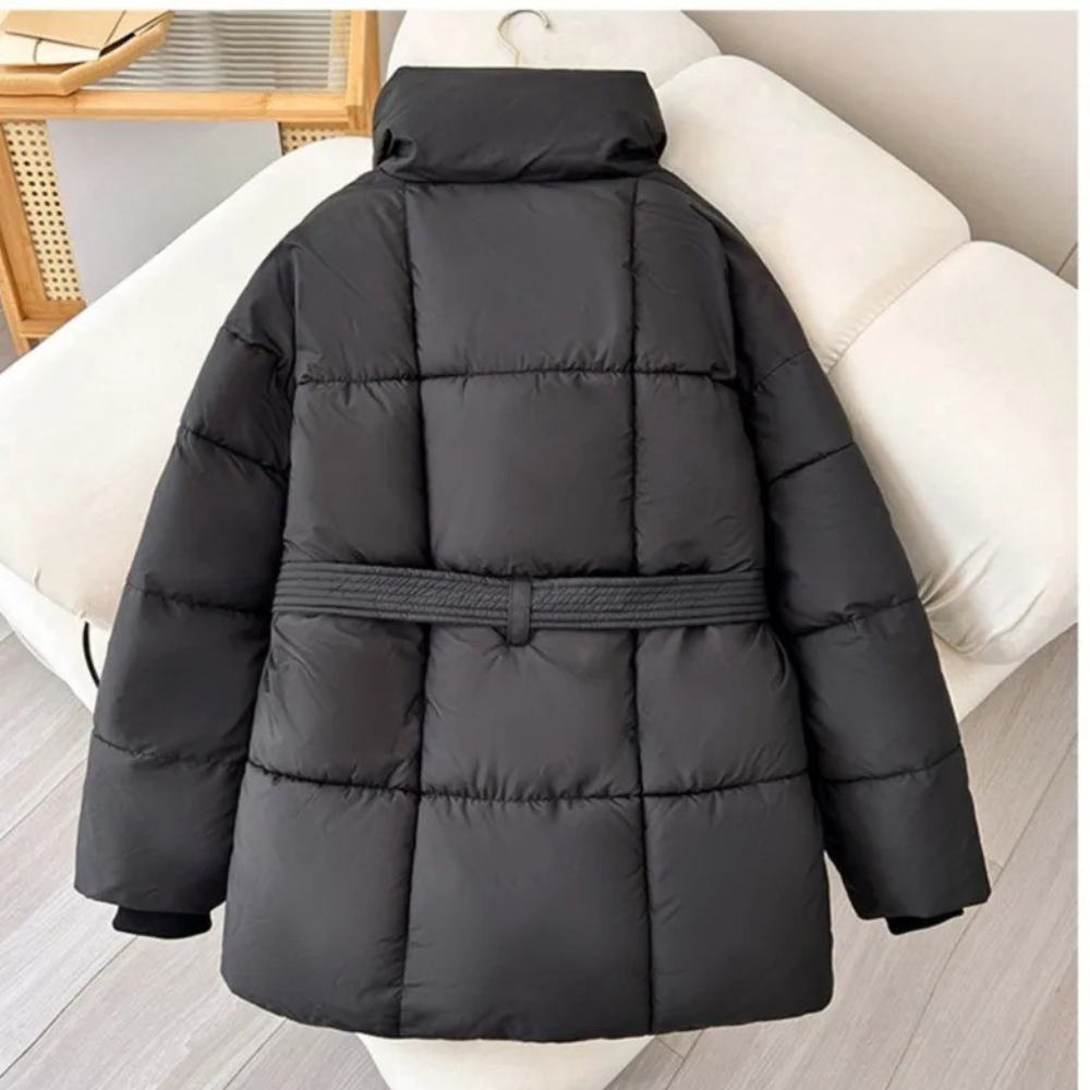 Kurtka puchowa z podniesionym kołnierzem i paskiem Zimowa kurtka