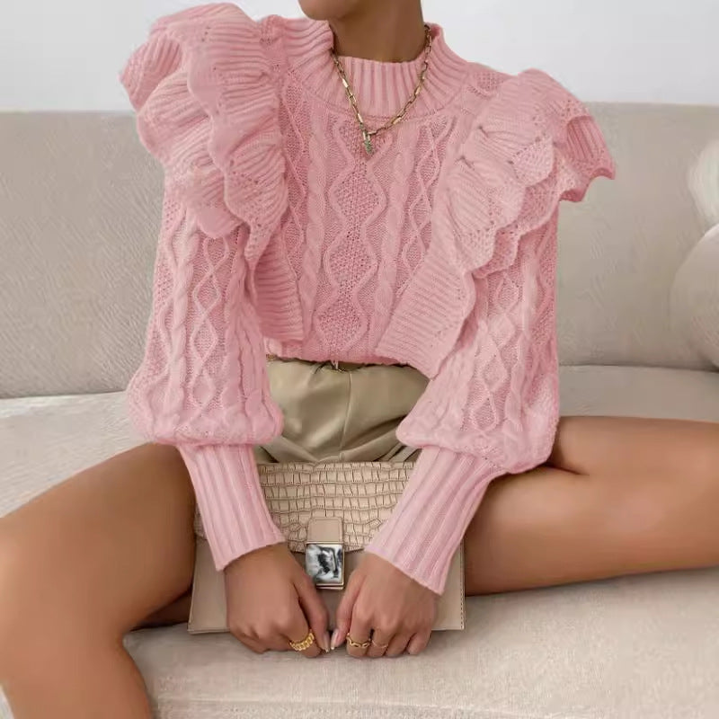 Kylie | Damski Sweter z Falbanami i Warkoczem z Długim Rękawem