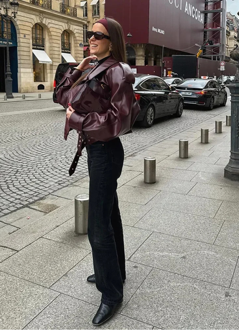 Pamela | Oversize Kurtka Skóropodobna Z Paskiem I Stylem
