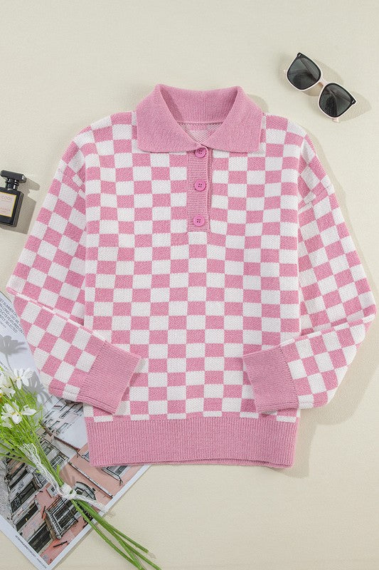 Rosalin | Damski sweter z dekoltem w serek w kratę z guzikami