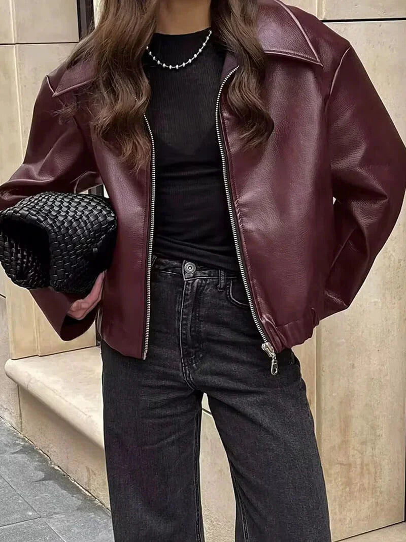Rozalinda | Bordowa Skórzana Kurtka Slim Fit Na Jesień
