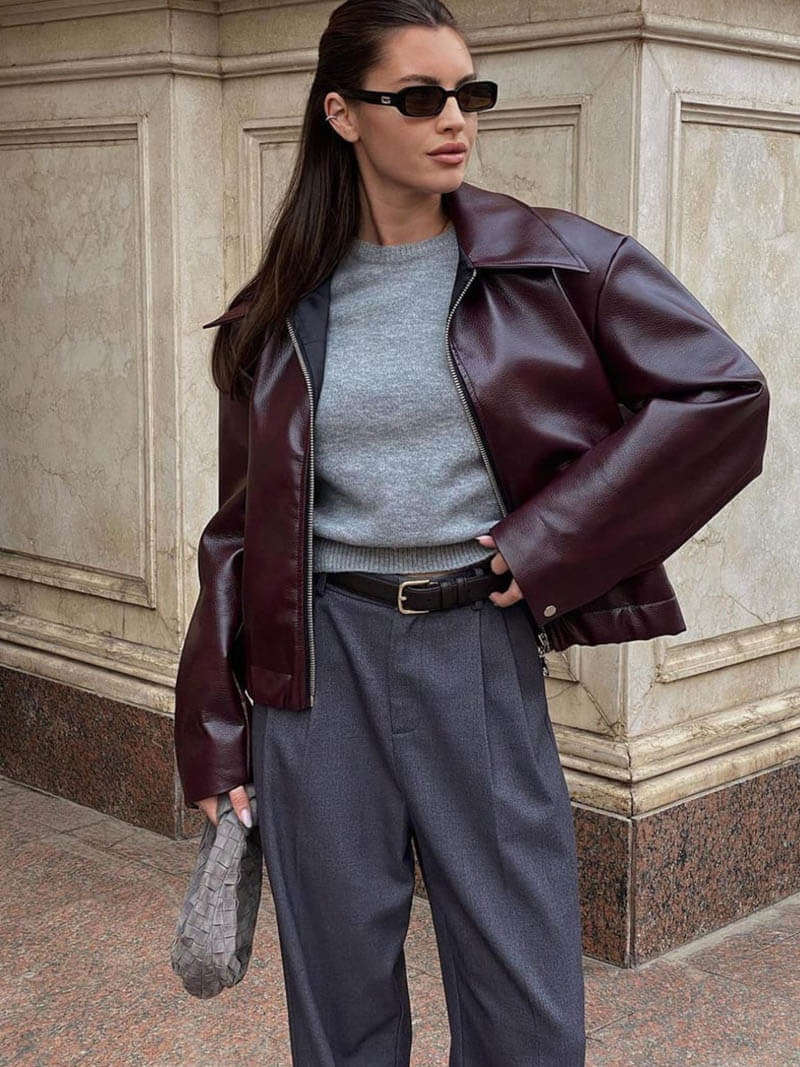 Rozalinda | Bordowa Skórzana Kurtka Slim Fit Na Jesień