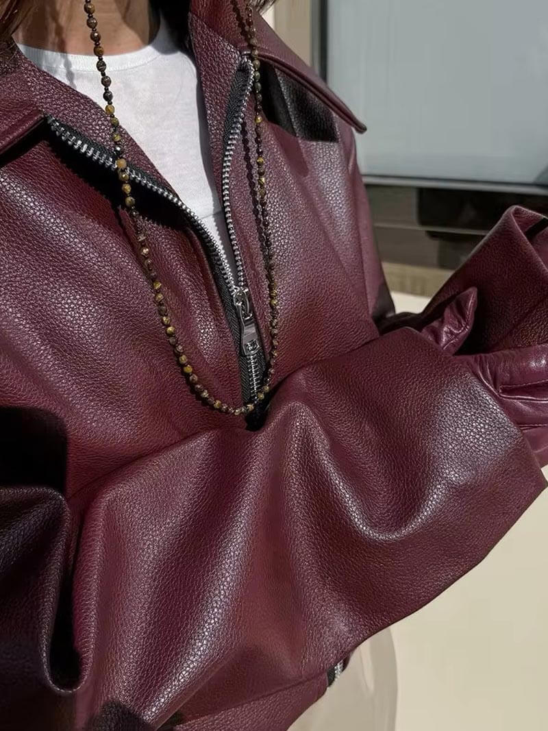 Rozalinda | Bordowa Skórzana Kurtka Slim Fit Na Jesień