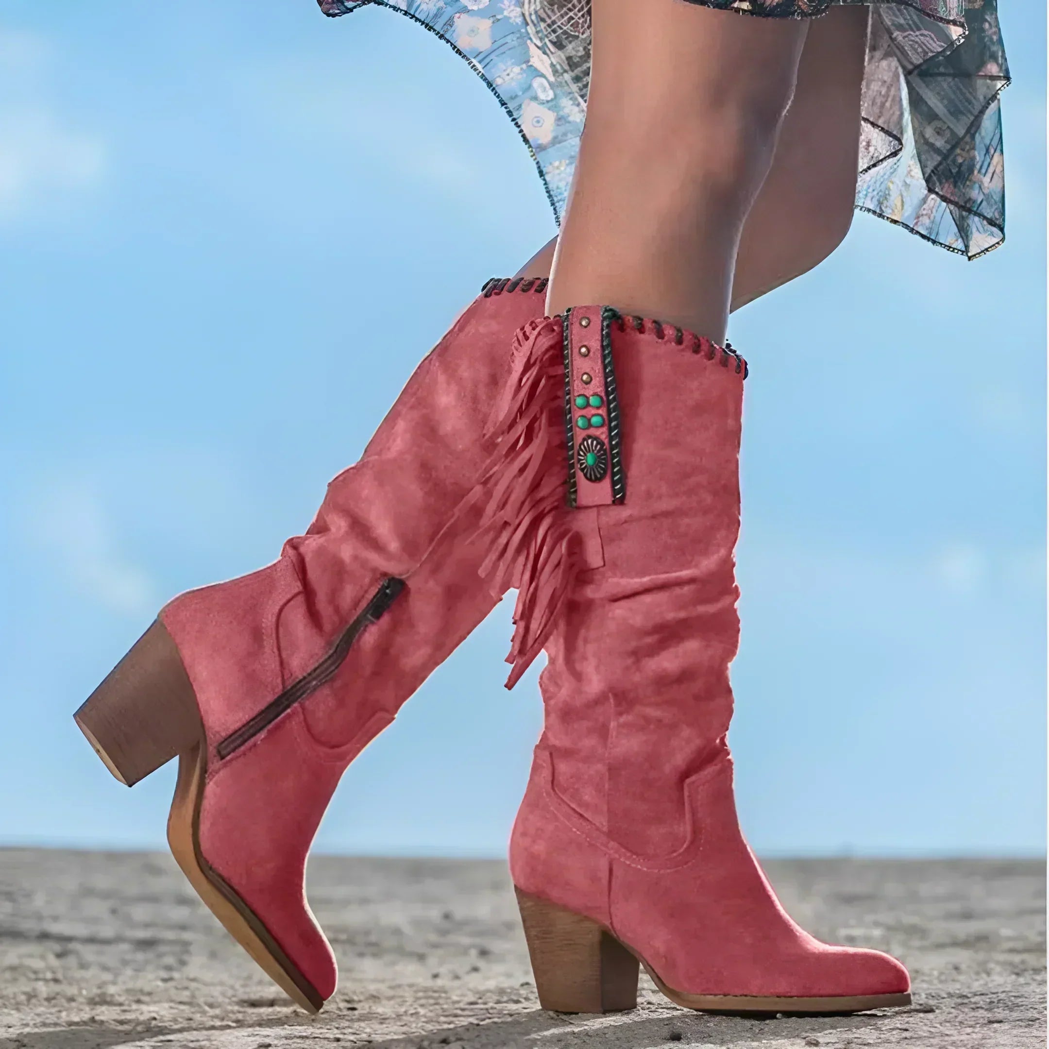 Scarlett | Damskie Boho Western Cowboy Boots - Zamszowe i Frędzle