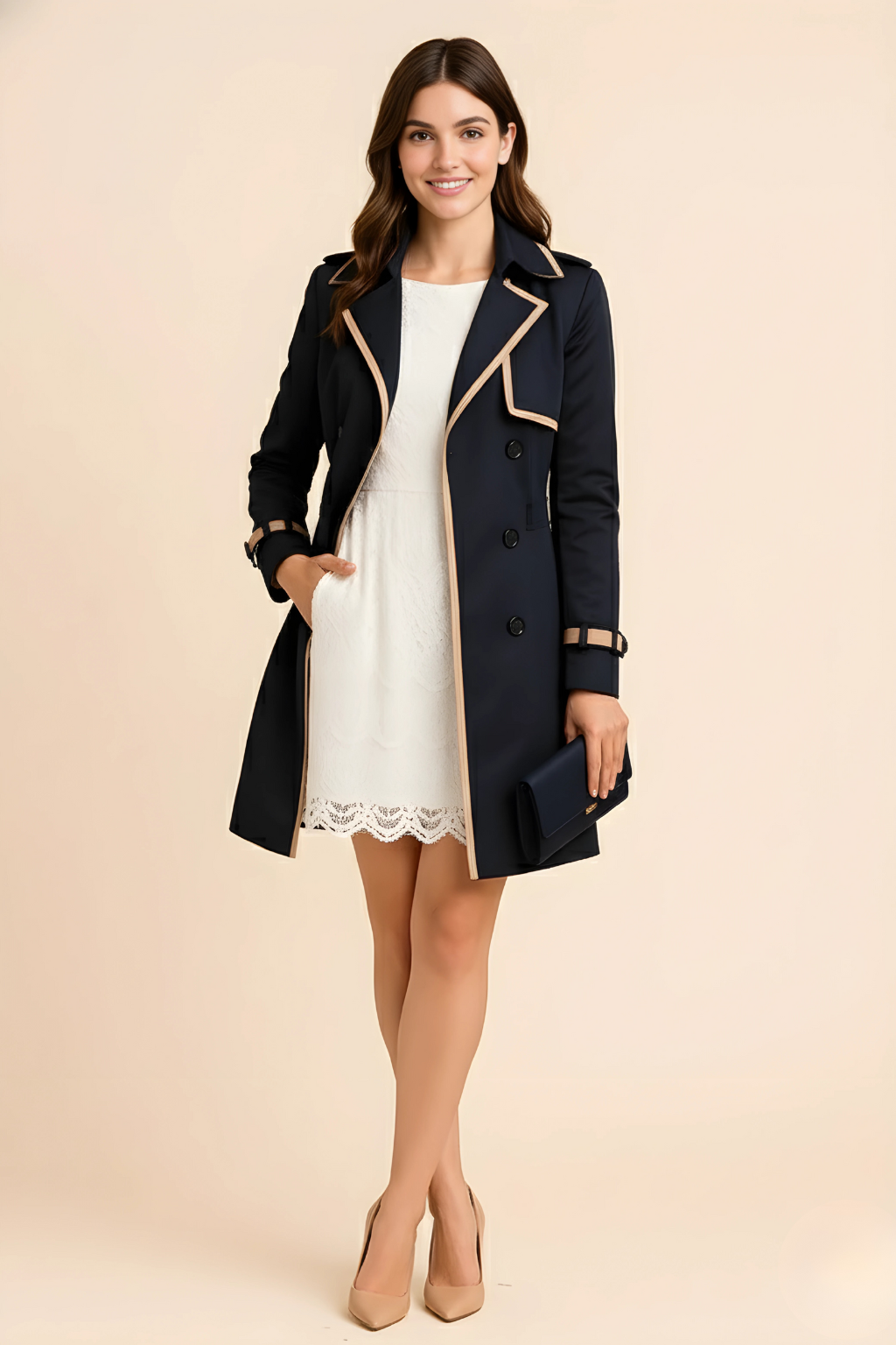 Sienna | Dwurzędowy Trencz z Kontrastującymi Detalami