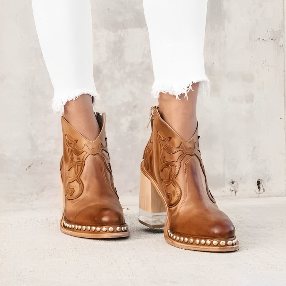 Sloane | Botki Damskie - Design w Stylu Zachodnim z Przezroczystym Obcasem Blokowym