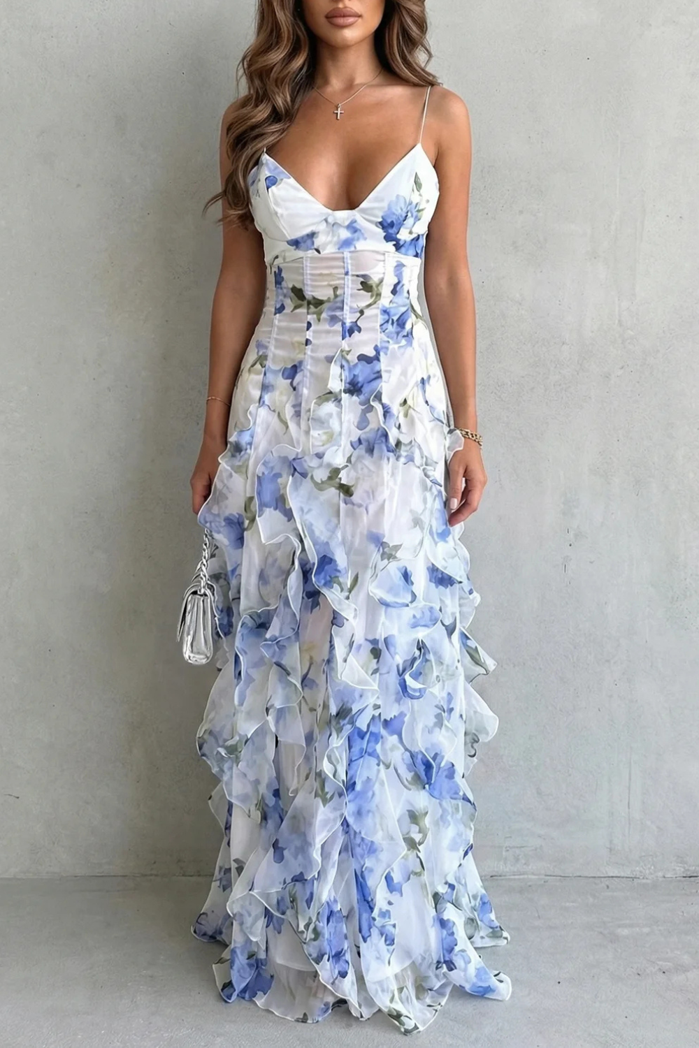 Sestina – Przezroczysta kwiatowa kaskada – Falbaniasty wieczorowy maxi dress