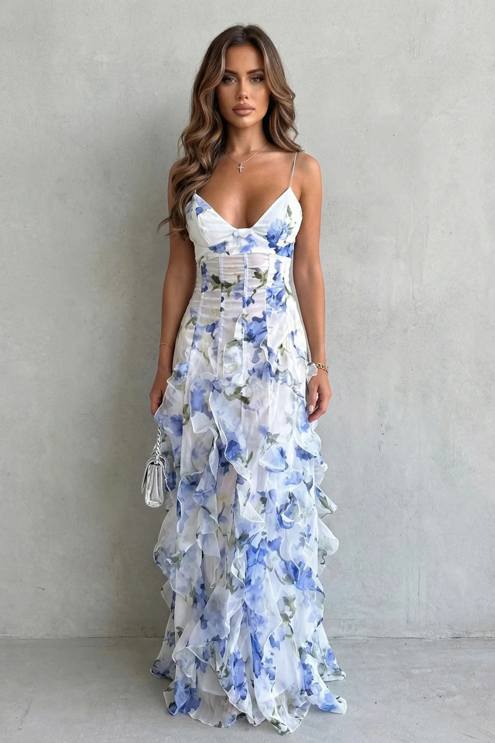 Sestina – Przezroczysta kwiatowa kaskada – Falbaniasty wieczorowy maxi dress