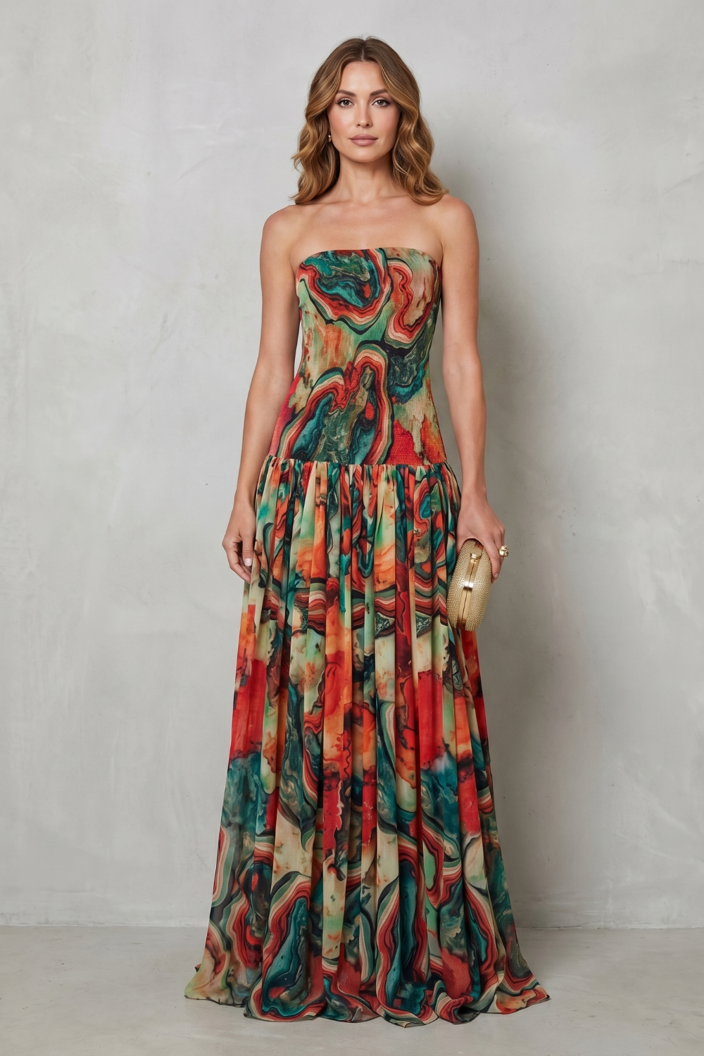 Lavielle – Sukienka maxi z odkrytymi ramionami w print
