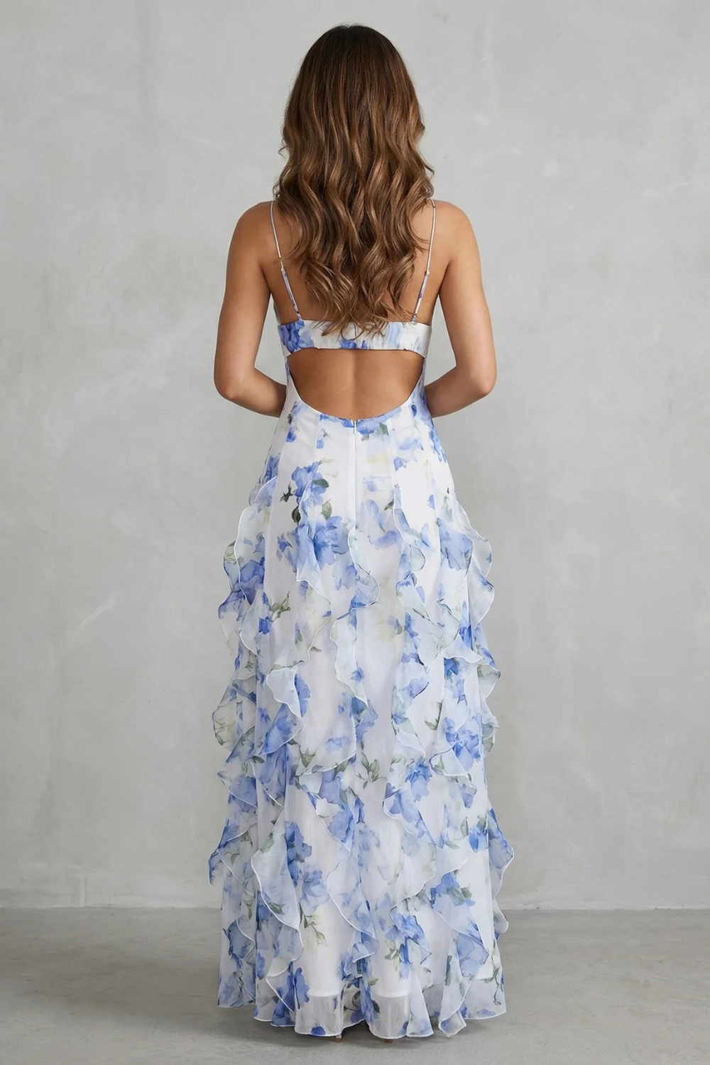 Sestina – Przezroczysta kwiatowa kaskada – Falbaniasty wieczorowy maxi dress