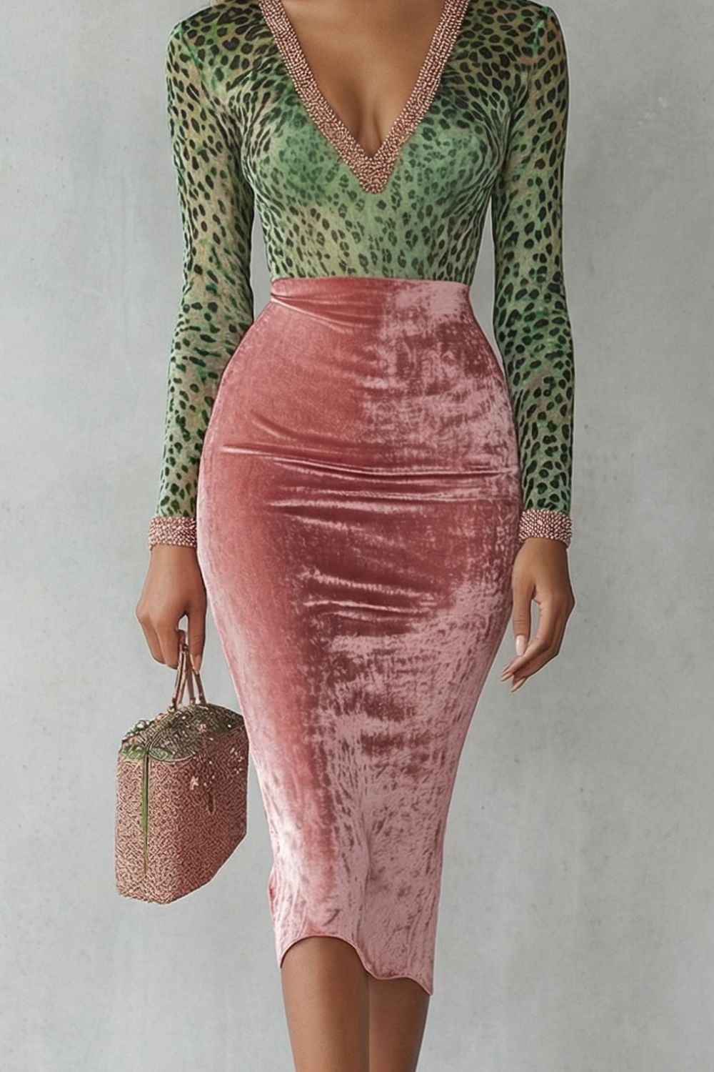Virelline – Kontrast aksamitnego leoparda – Sukienka midi bodycon