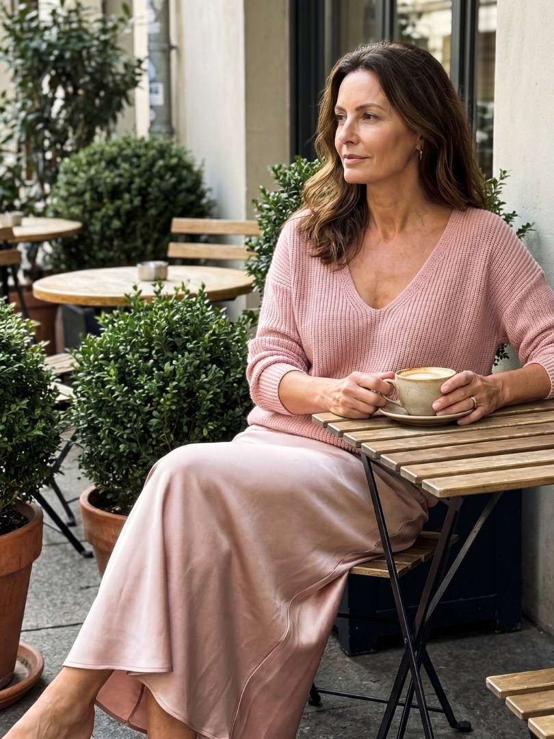 Luciana | Satynowa spódnica na skos z dzianinowym zestawem