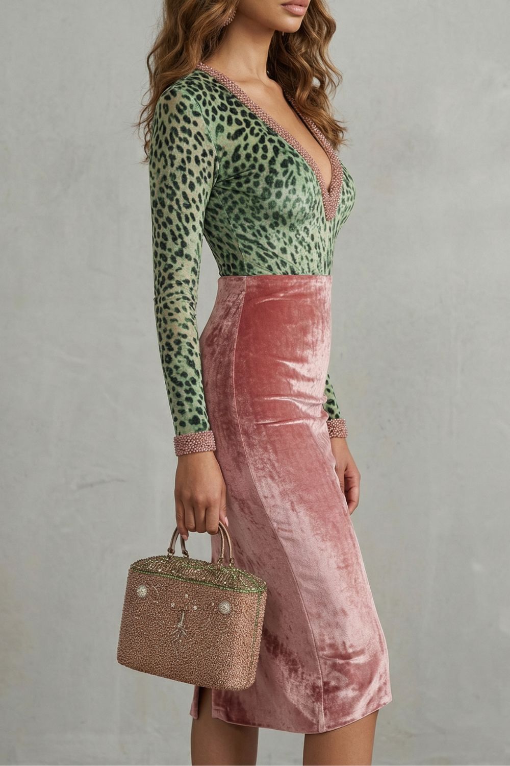 Virelline – Kontrast aksamitnego leoparda – Sukienka midi bodycon
