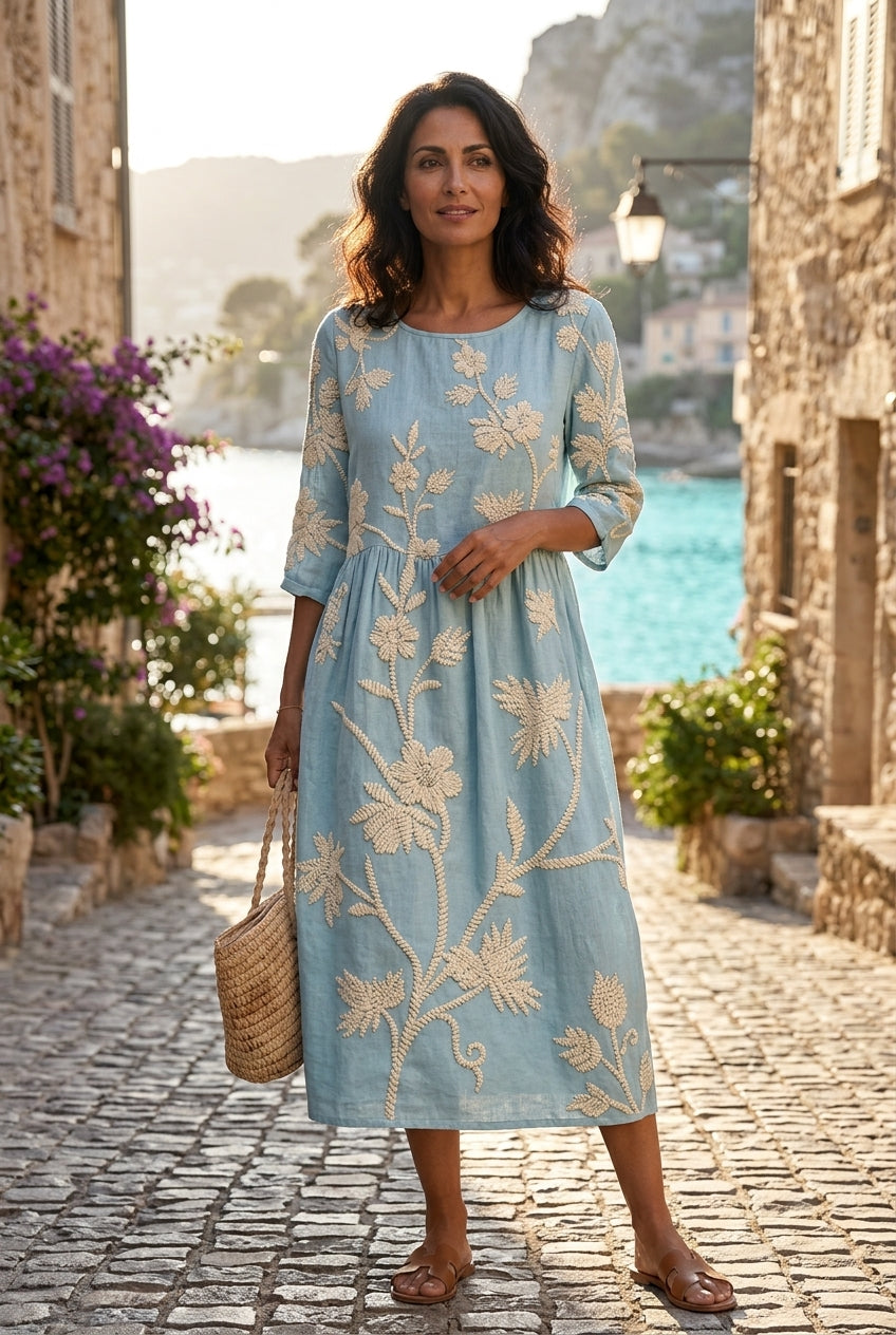 Sukienka Midi Fluida z Kwiatowymi Haftami - Elegancka Kolekcja Vintage