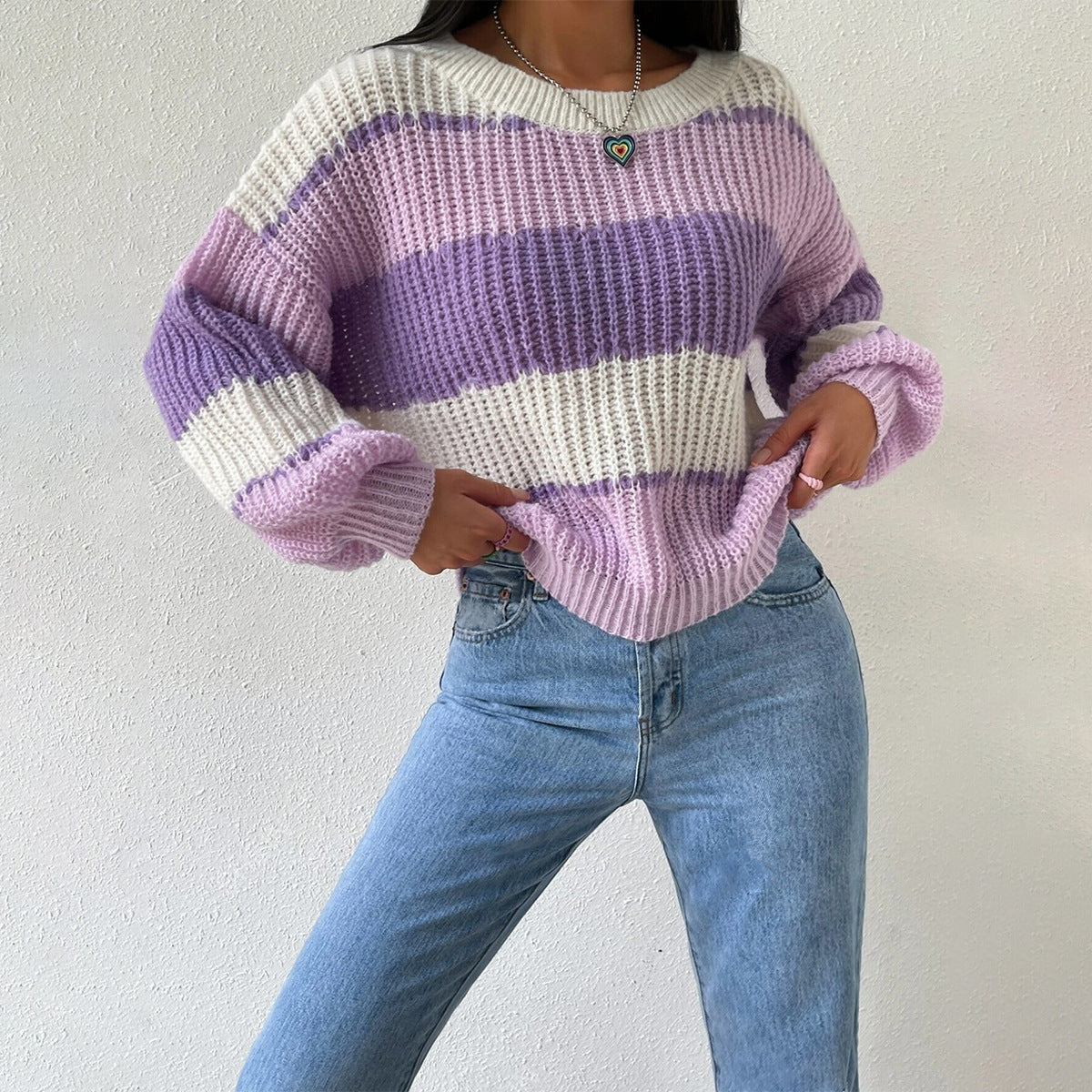 Alina | Damski Sweter w Paski z Grubej Przędzy