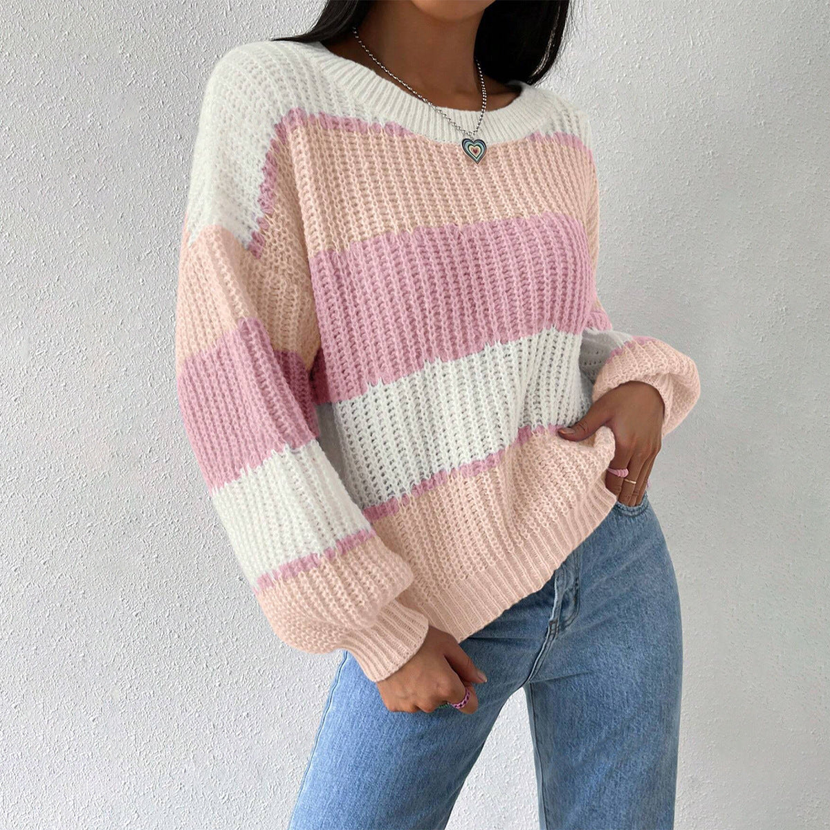 Alina | Damski Sweter w Paski z Grubej Przędzy