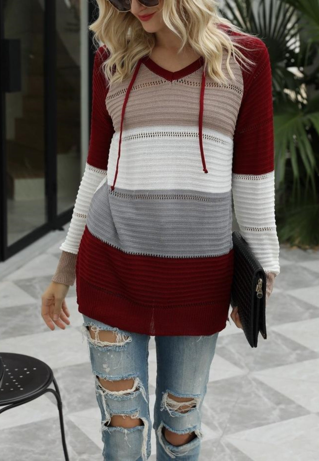 Aurelia | Sweter damski otwarty splot z kapturem w blokowe kolory Chicveo