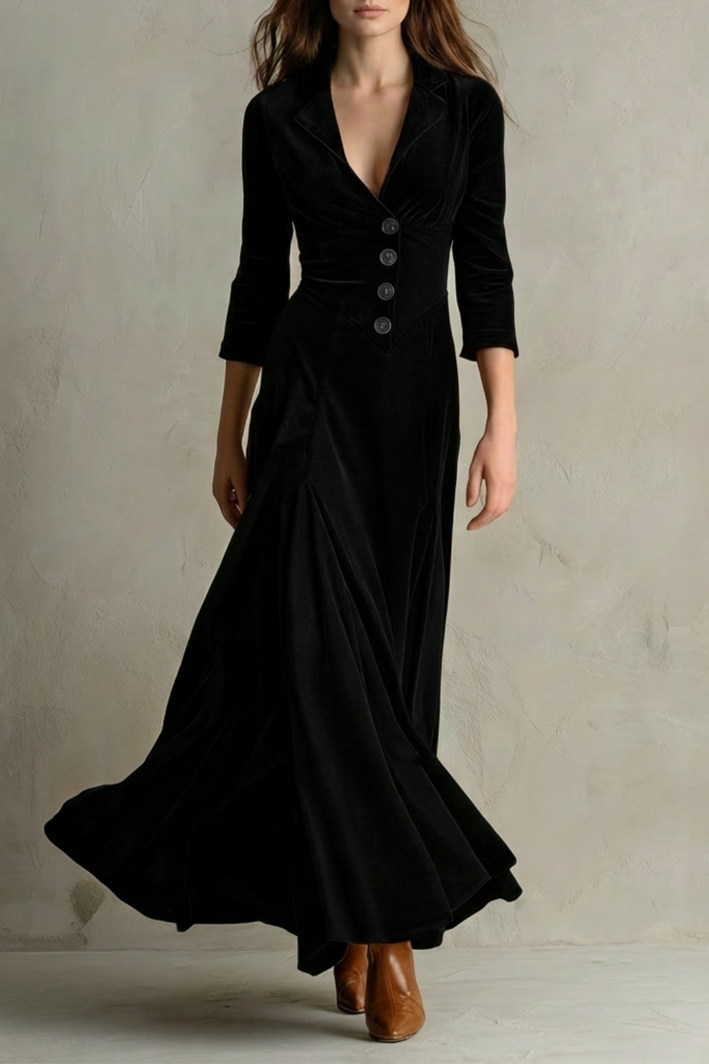 Celeste – Długa Sukienka z Weluru w Stylu Vintage – Elegancka Spódnica z Guzikami i Kołnierzykiem