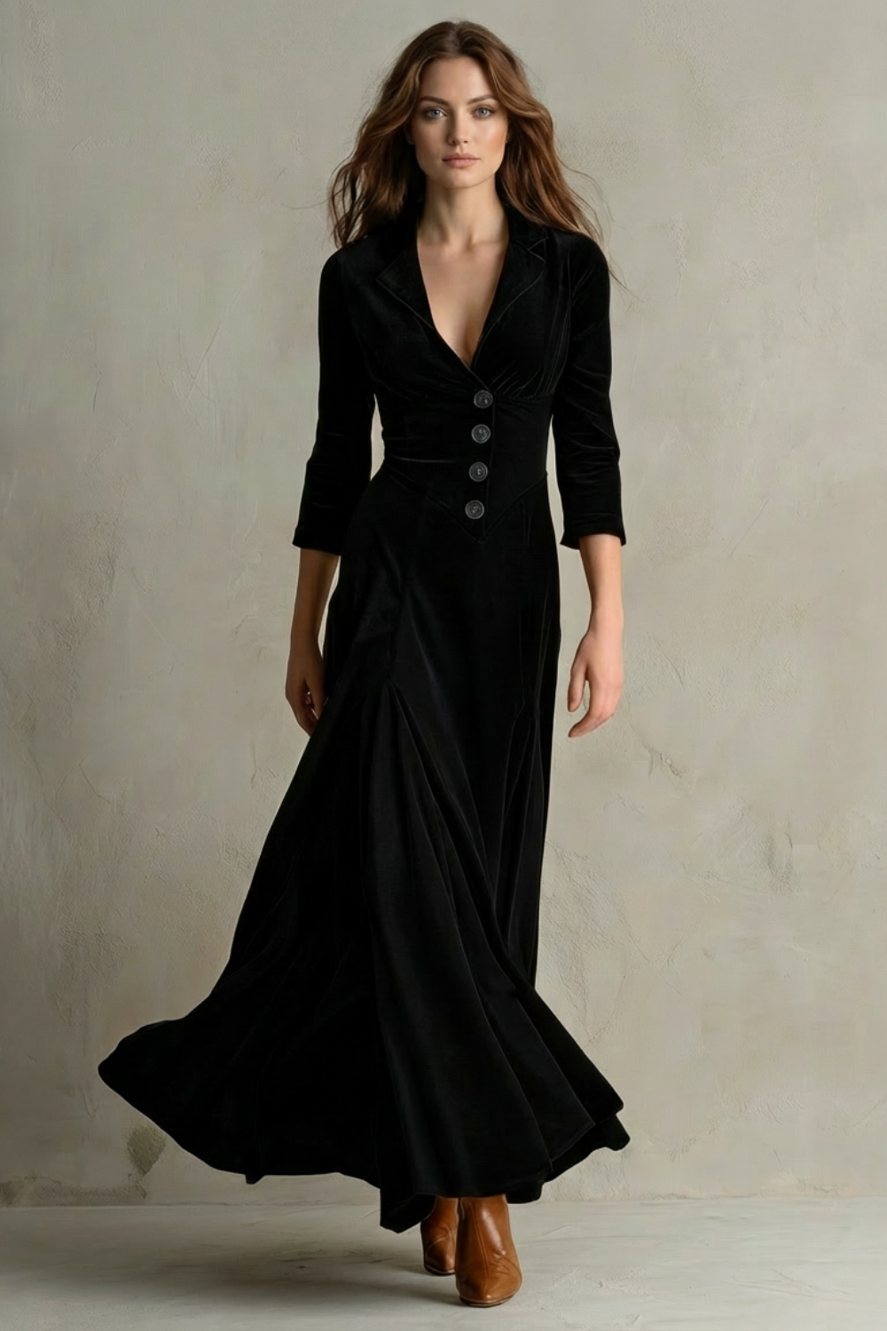 Celeste – Długa Sukienka z Weluru w Stylu Vintage – Elegancka Spódnica z Guzikami i Kołnierzykiem