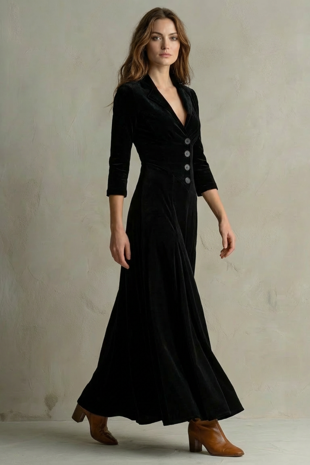 Celeste – Długa Sukienka z Weluru w Stylu Vintage – Elegancka Spódnica z Guzikami i Kołnierzykiem