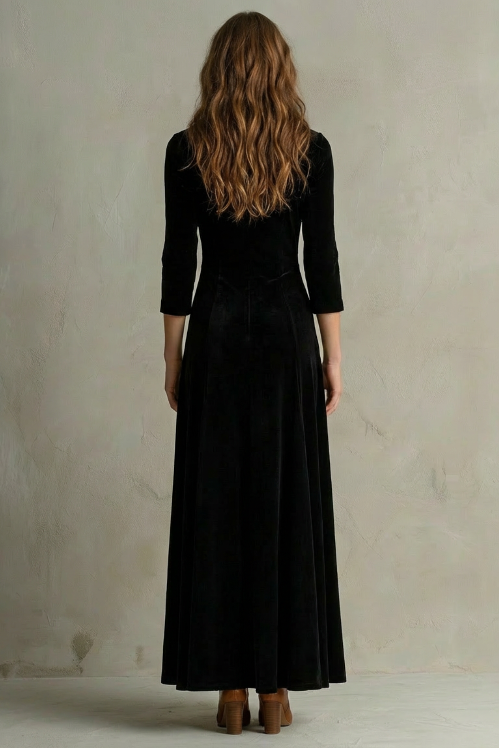 Celeste – Długa Sukienka z Weluru w Stylu Vintage – Elegancka Spódnica z Guzikami i Kołnierzykiem