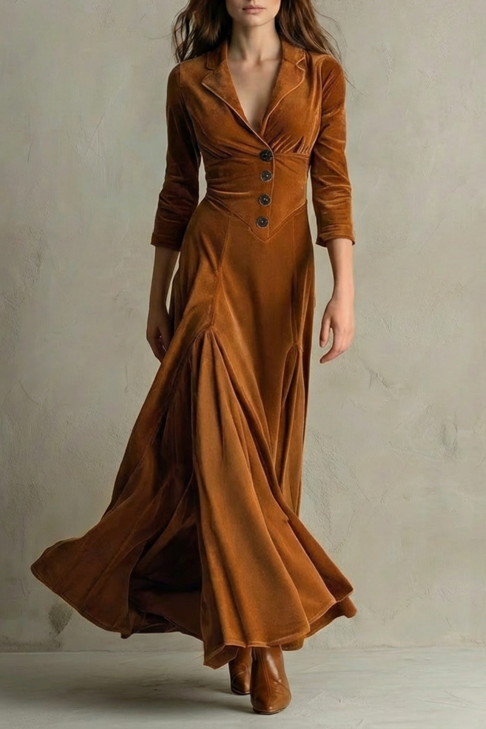 Celeste – Długa Sukienka z Weluru w Stylu Vintage – Elegancka Spódnica z Guzikami i Kołnierzykiem