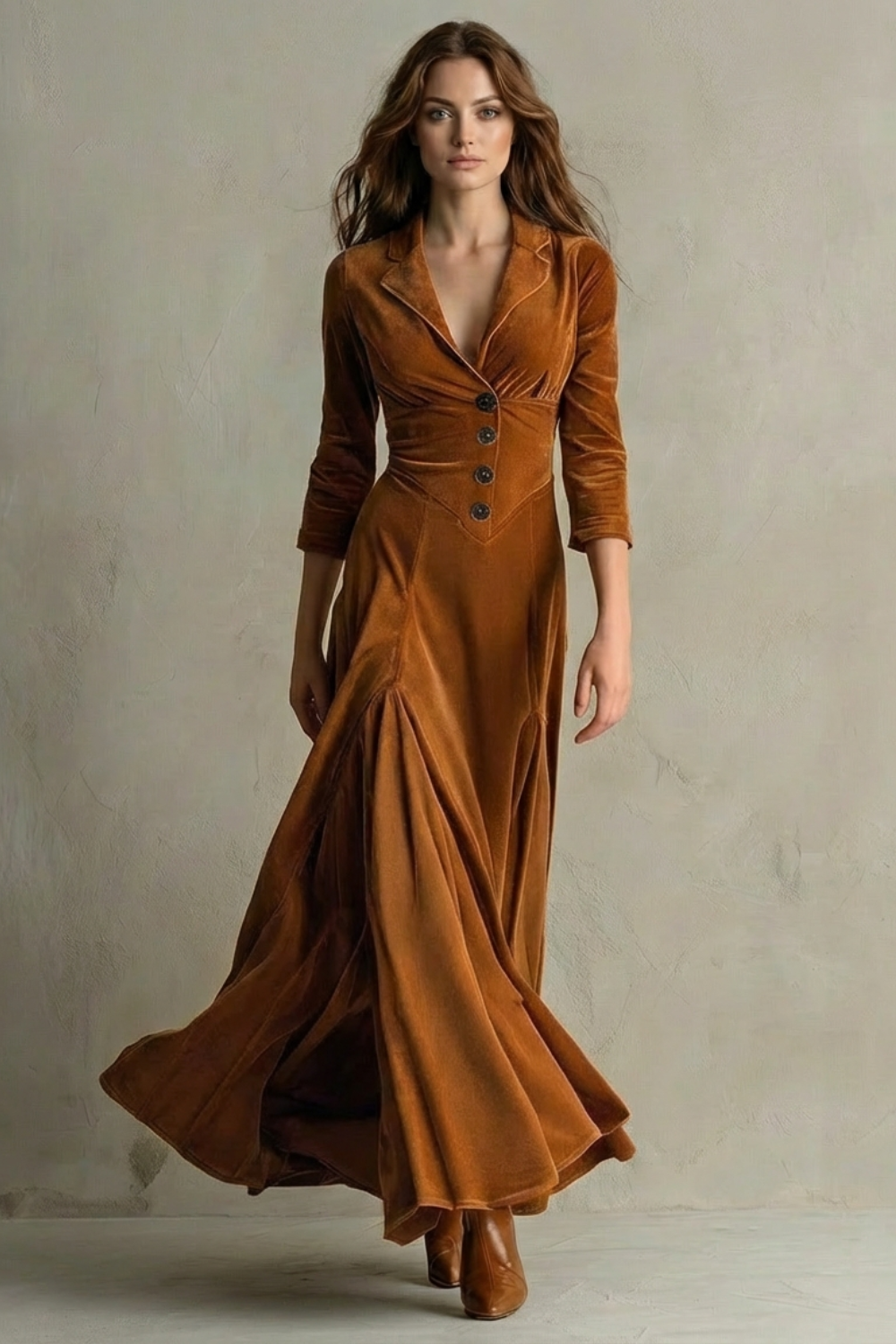 Celeste – Długa Sukienka z Weluru w Stylu Vintage – Elegancka Spódnica z Guzikami i Kołnierzykiem