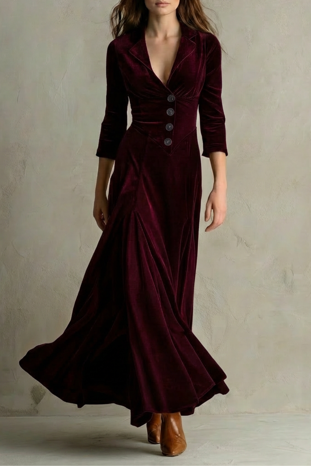 Celeste – Długa Sukienka z Weluru w Stylu Vintage – Elegancka Spódnica z Guzikami i Kołnierzykiem